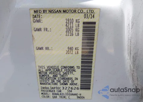 2014 Nissan Altima 2.5 S z USA, uszkodzony, nr VIN 1N4AL3AP3EC327626